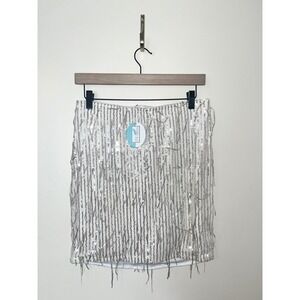 Bear Dance NWT Silver Sequin Fringe Mini Skirt White Champagne Taste | Large